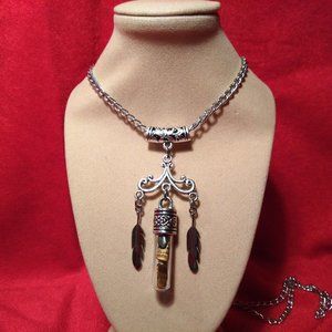 Tibetan Silver and Tigers Eye with Silver Feathers Necklace with Large Tube